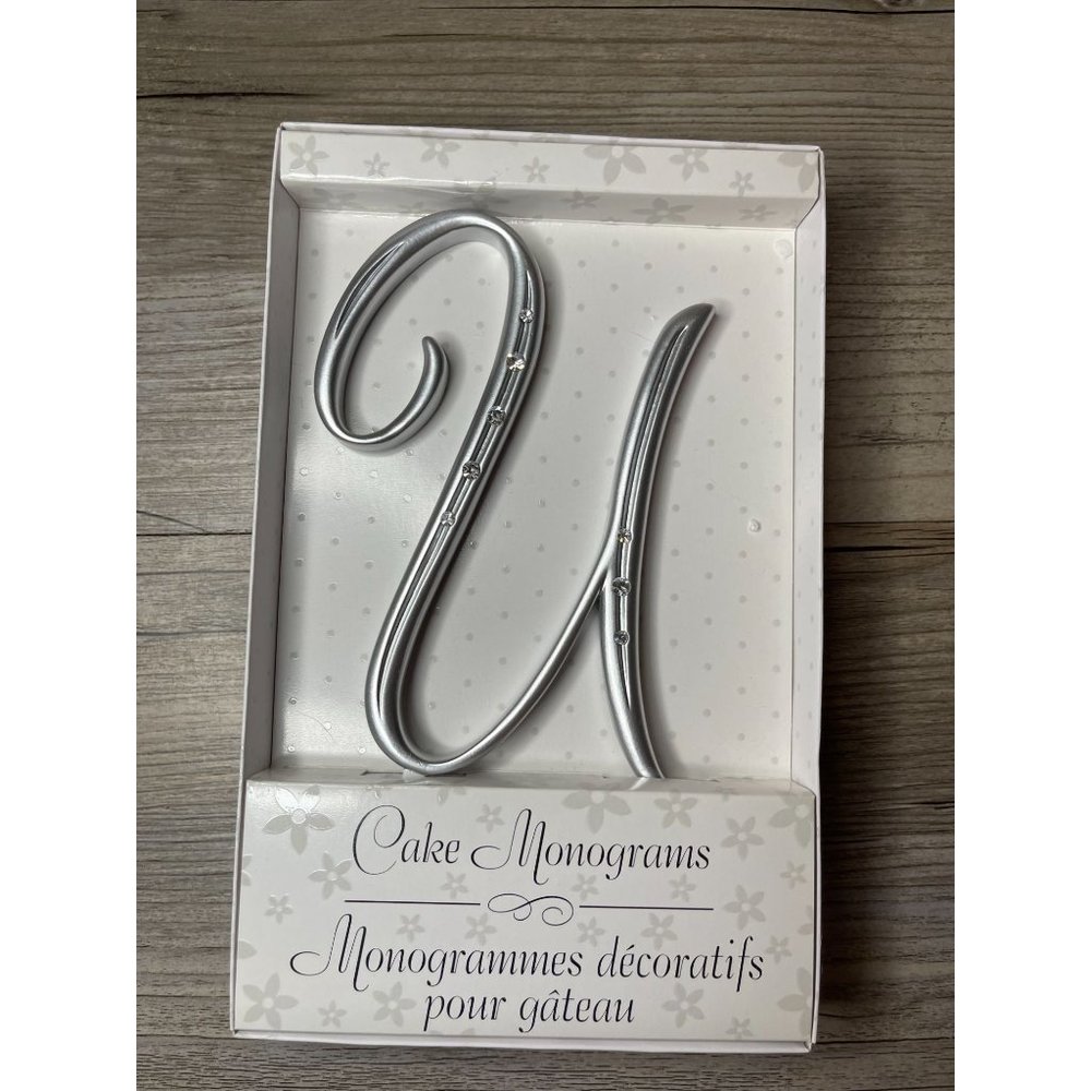 Wedding Large U Silver Finish Monogram Initial Rhinestones Cake Topper